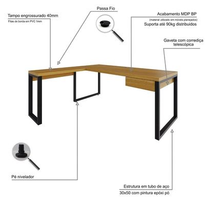 Mesa Em L Presidente C-01 Gav. 190x160x75cm Yon - Acácia Mel-est.preta Acácia Mel-est.preta