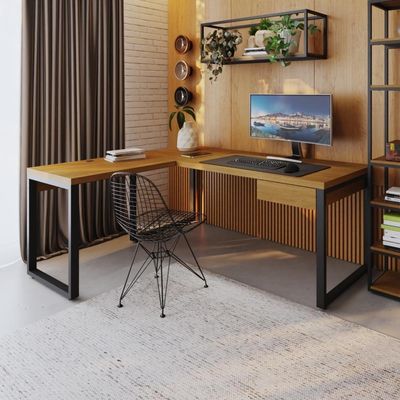 Mesa Em L Presidente C-01 Gav. 190x160x75cm Yon - Acácia Mel-est.preta Acácia Mel-est.preta