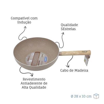 Frigideira Wok Antiaderente Marble Indução ø28cm Cabo De Madeira