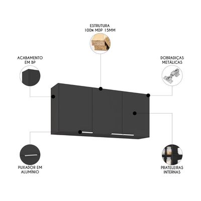 Armário De Cozinha Aéreo 120cm Pérola Z34 Preto - Mpozenato