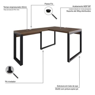 Mesa Em L Operacional 120x160x75cm Yon - Nogueira-est.preta Nogueira-est.preta
