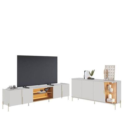 Rack Bancada Maggiore 2.4 Com Aparador Buffet Sena Com Led Off White Matte Freijó - Colibri