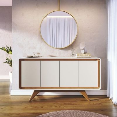 Balcão Buffet Aparador 4 Portas E Bordas Curvas Para Sala Off White