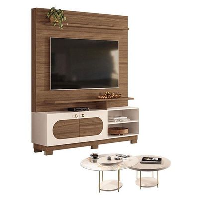 Estante Home Theater Axis Castanho Off White Com Kit Mesa De Centro Sky Off White - Hb Móveis