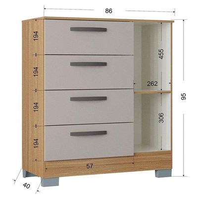 Cômoda 868 4 Gavetas E 1 Porta Com Guarda Roupa Solteiro Córdoba 4 Portas Damasco Off White - Poquema