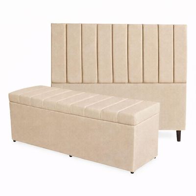 Kit De Quarto Roma Cabeceira De Cama Box E Calçadeira Baú Casal King 195 Cm Suede Bege Eli Móveis E Decoração