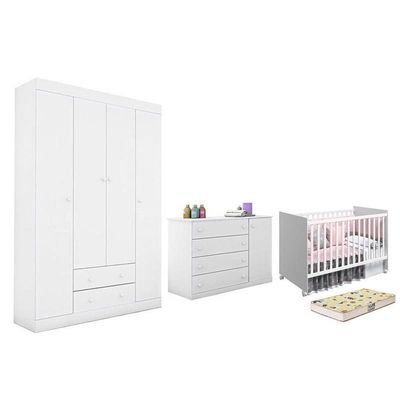 Dormitório Helena Guarda Roupa, Cômoda E Berço Mel Branco Com Colchão Supreme - Phoenix Baby