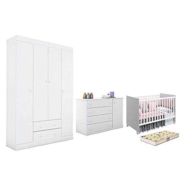 Dormitório Helena Guarda Roupa, Cômoda E Berço Mel Branco Com Colchão Supreme - Phoenix Baby