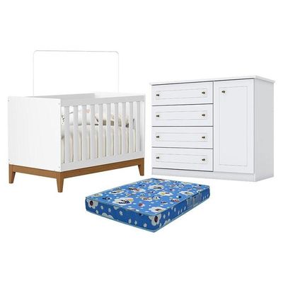 Berço Americano Flip Branco Acetinado Reller E Cômoda Infantil Americano Brando Hp E Colchão Tendtudo - Henn