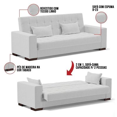 Sofá Cama 02 Lugares Linho Cinza Pés De Madeira