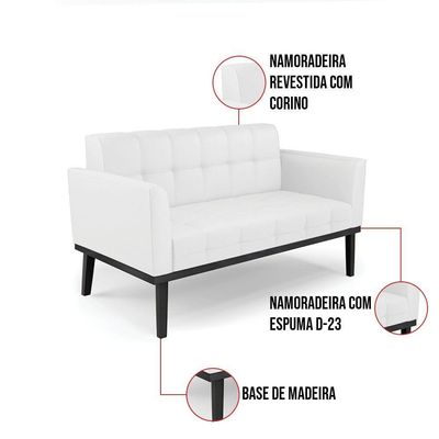 Sofá Namoradeira 2 Lugares Base De Madeira Preto Elisa Corino D03 - D'rossi Cor Branco