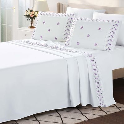 Jogo de Lençol Ricca Queen 4 Peças MicroPercal 300 Fios Bordado Floral - Violetas - 100% Poliéster