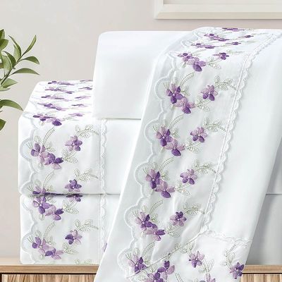 Jogo de Lençol Ricca Queen 4 Peças MicroPercal 300 Fios Bordado Floral - Violetas - 100% Poliéster