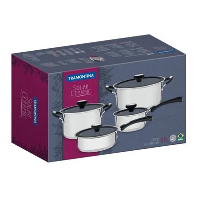 Jogo de Panelas Tramontina Solar Ceramic em Aço Inox Fundo Triplo com Revestimento Interno em Cerâmica Grafite 4 Peças