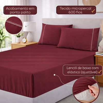 Jogo de Lençol King Premium Soft 600 Fios Micropercal Bordô Ponto Palito Toque Macio 3 Peças