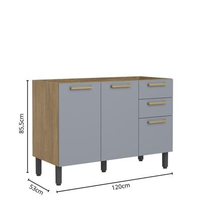 Balcão Sem Tampo 3 Portas 2 Gavetas Grey Sky Axé Bertolini Cinza-carvalho