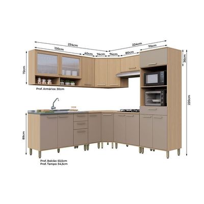 Cozinha Completa De Canto 9 Pçs 100% Mdf Duna Luciane Móveis Freijó-cinammon