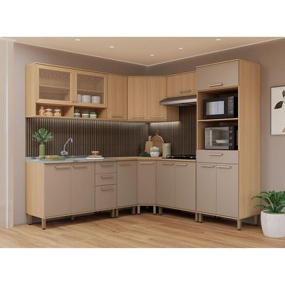 Cozinha Completa De Canto 9 Pçs 100% Mdf Duna Luciane Móveis Freijó-cinammon