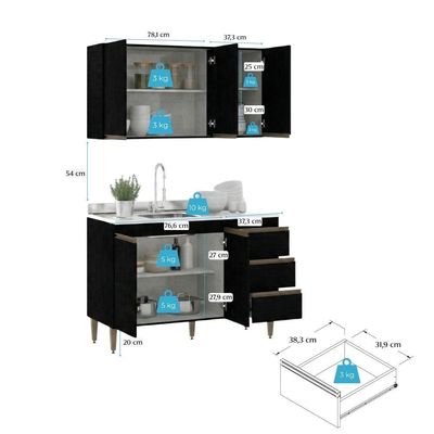 Armário De Cozinha Compacta Modulada 2 Peças Milão Menu Móveis Preto