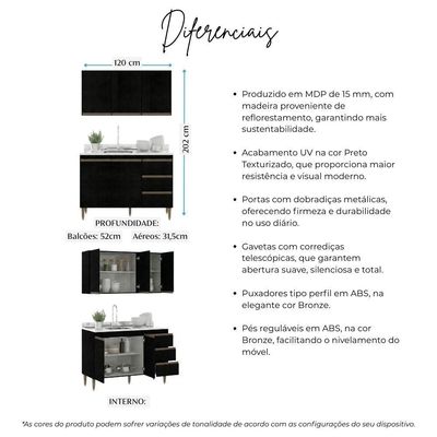 Armário De Cozinha Compacta Modulada 2 Peças Milão Menu Móveis Preto