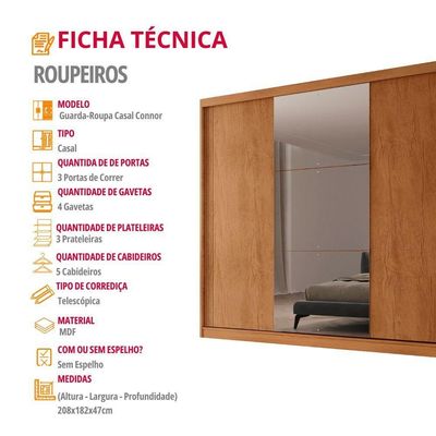Guarda Roupa Casal Connor 3 Portas E 4 Gavetas Com Espelho Naturalle