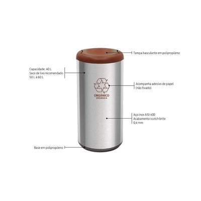 Lixeira Inox Tramontina Cápsula Selecta Plus Basculante com Acabamento Scotch Brite e Tampa Basculante Marrom em Polipro