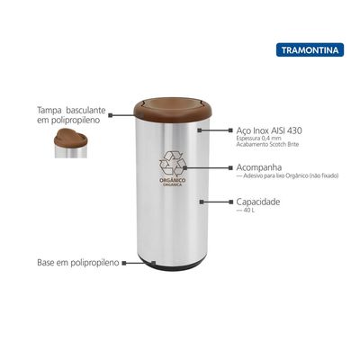 Lixeira Inox Tramontina Cápsula Selecta Plus Basculante com Acabamento Scotch Brite e Tampa Basculante Marrom em Polipro