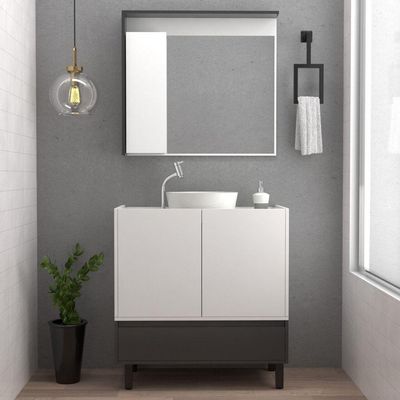 Armário Espelheira para Banheiro Jessé MDF com Espelho Retangular 80CM Branco Preto