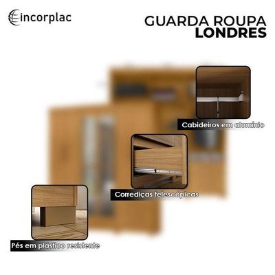 Cômoda 4 Gavetas New E Guarda Roupa Casal Londres Com Espelho Carvalho Americano Tx -incorplac