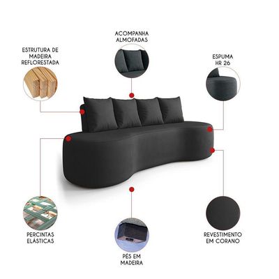 Sofá 3 Lugares Orgânico 210cm Com Almofadas Benin Sintético Pu B03 - D'rossi Preto