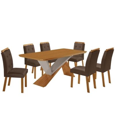 Mesa De Jantar Yasmin 180cm Tampo Mdf Com 6 Cadeiras Carol Veludo Marrom/naturale/off White