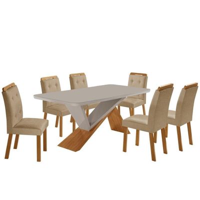 Mesa De Jantar Yasmin 180cm Tampo Com Vidro 6 Cadeiras Carol Turim 07/nat/off/serig. Off