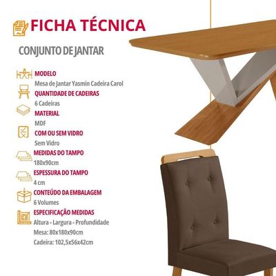 Mesa De Jantar Yasmin 180cm Tampo Mdf Com 6 Cadeiras Carol Veludo Marrom/naturale/off White