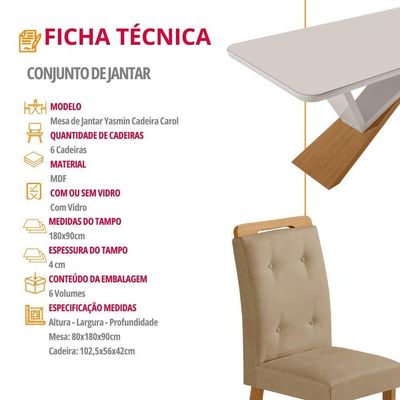 Mesa De Jantar Yasmin 180cm Tampo Com Vidro 6 Cadeiras Carol Turim 07/nat/off/serig. Off