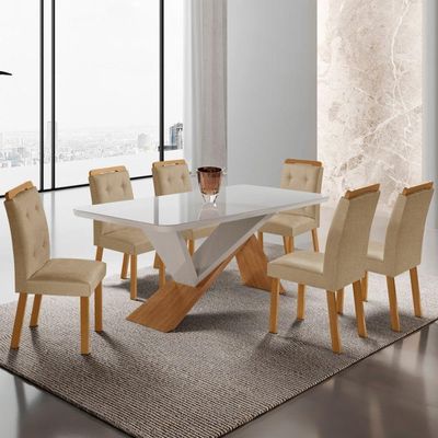 Mesa De Jantar Yasmin 180cm Tampo Com Vidro 6 Cadeiras Carol Turim 07/nat/off/serig. Off