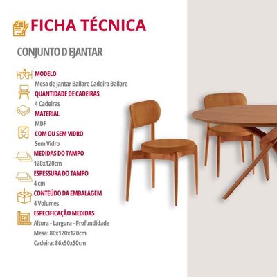 Sala De Jantar Mesa Ballaretampo Redondo 4 Cadeiras Moderna Star Caramelo
