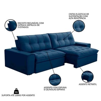Sofá Retrátil Reclinável 3 Lugares 250cm Argon F05 Veludo Azul - Mpozenato