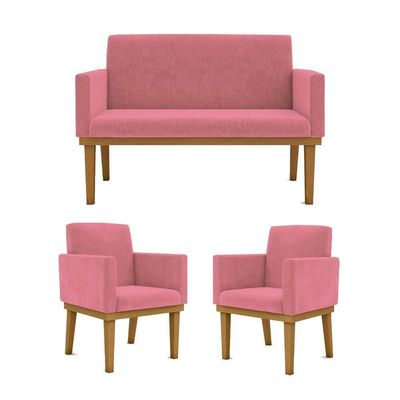 Kit Sofá Com Base Reforçada + 2 Poltronas Sala De Estar Cor:rosa