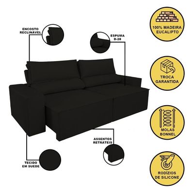 Sofá Reclinável Retrátil 3 Lugares Com Molas Balaqui Decor Preto