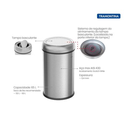 Lixeira Tramontina Institucional Inox 65 L Tampa Basculante