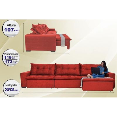 Sofá Austrália 3,52 Mts Retrátil, Reclinável Com Molas E Pillow No Assento Tecido Suede Vermelho