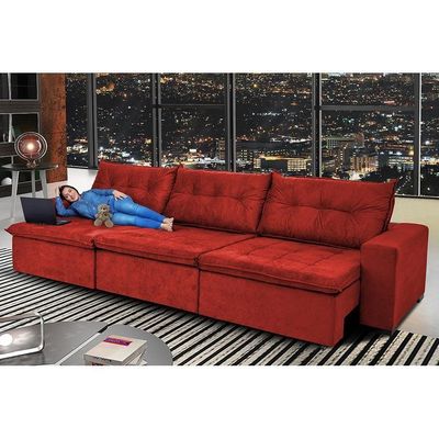 Sofá Austrália 3,52 Mts Retrátil, Reclinável Com Molas E Pillow No Assento Tecido Suede Vermelho