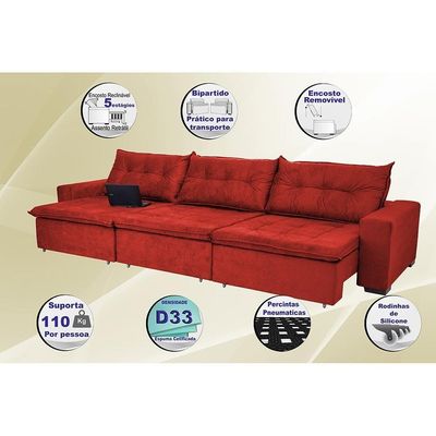 Sofá Austrália 3,52 Mts Retrátil, Reclinável Com Molas E Pillow No Assento Tecido Suede Vermelho