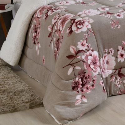 Edredom Coberdrom Sonobom Queen Sherpa E Manta - Floral Cinza - 100% Poliéster
