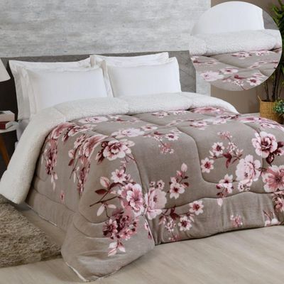 Edredom Coberdrom Sonobom Queen Sherpa E Manta - Floral Cinza - 100% Poliéster
