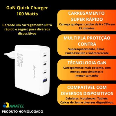 Carregador Ultra Turbo 100w Fast GaN Compativel: iPhone 15 ou Superior, Notebooks Baterias PPS, Drones Branco