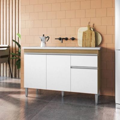 Balcão De Cozinha 2 Portas Oxford Amendoa Branco