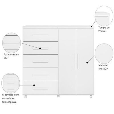 Cômoda Sapateira 2 Portas 5 Gavetas Multiuso Branco
