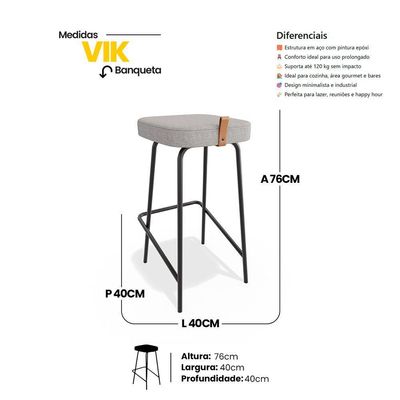 Kit 04 Banquetas Altas Cozinha E área Gourmet Vik Estofada Linho Cinza - Desk Design