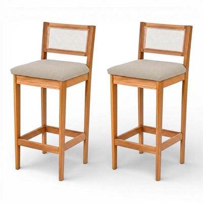 Kit 02 Banquetas Altas Brunella 99cm Com Encosto Telinha Estilo Palha Linho Cru - Desk Design